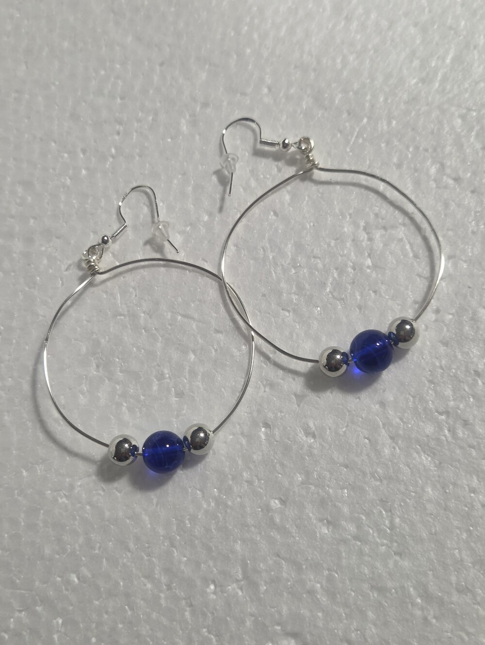 Handcrafted Silver Hoop Earrings with Cobalt Blue Glass Beads - Women Jewelry